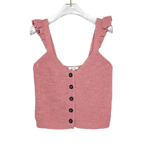 Madewell Tops - Madewell Pink Ruffle-Strap Button-Front Knit Sweater Tank V-Neck Sleeveless S
